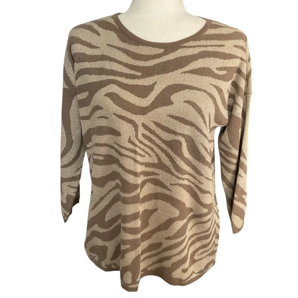 Chico's Tan and Brown Zebra Print Gold Metallic Accent Crewneck Sweater Size M